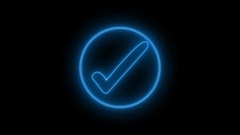 Glowing neon checkmark inside a circle animation on a black background Stock Footage 315002198