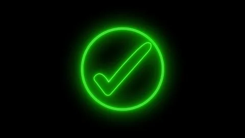 Glowing neon checkmark inside a circle animation on a black background Stock Footage 315002216