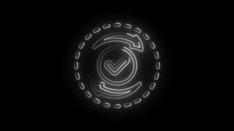 Glowing neon checkmark inside circular arrows animation on black background Stock Footage 333956041