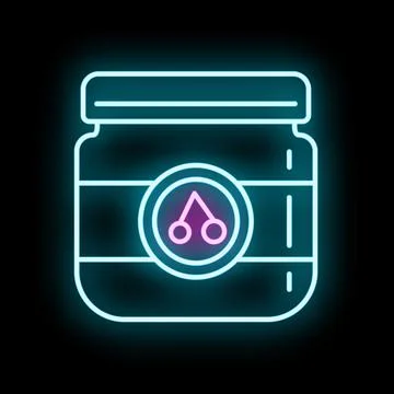 Glowing neon cherry jam jar line icon Stock Illustration