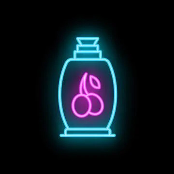 Glowing neon cherry juice bottle icon on a black background 스톡 일러스트