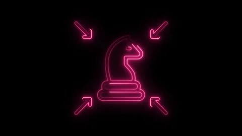 Glowing neon chess knight piece with arrows aiming towards central figure a.. Stock Footage 314650910