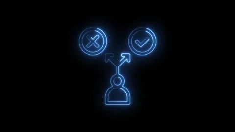 Glowing neon choices decision point represents dilemma between check mark and Stock Footage 322959682