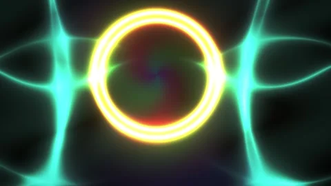 Glowing neon circle on black background with grid pattern. Stock Footage 336698460