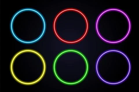 Glowing neon circle frames on a transparent and dark background. Futuristic Stock Illustration