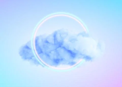 Glowing Neon Circle Shape in a Cloud of Fog. Modern trending 3d conceptual Stock Illustration