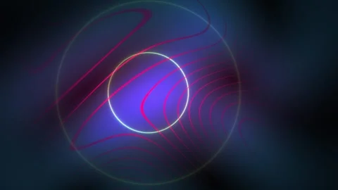 Glowing neon circles on dark background with abstract shapes. Stock Footage 335958648