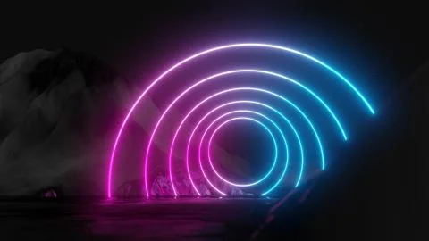 Glowing neon circles on dark background Stock Illustration