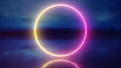 Glowing neon circles floating above calm dark water surface under night sky Stockbeeldmateriaal 344714703