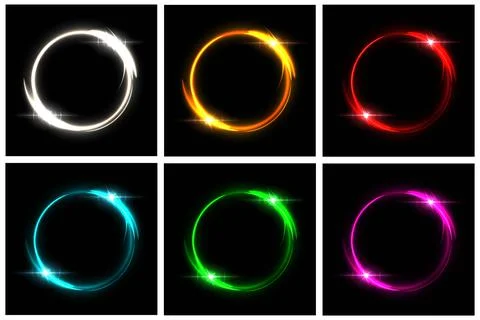 Glowing neon circles set. Silver, orange, red, blue, green, pink round electric Stock Illustration