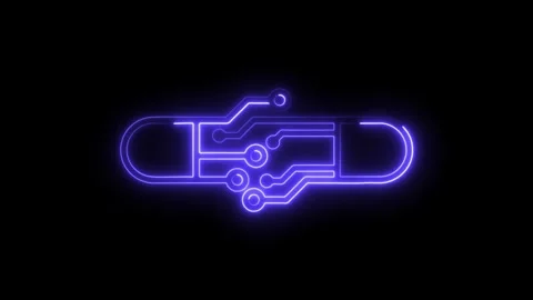 Glowing neon circuit board design on black background Stock Footage 308190793