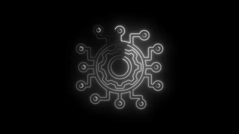 Glowing neon circuit board icon with central gear mechanism and radial conn.. Stock Footage 346128551