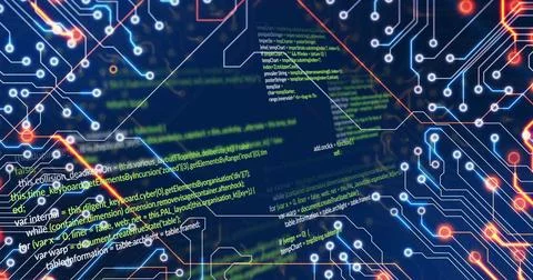 Glowing neon circuit board pattern overlaying code interface, with program code Stock Illustration