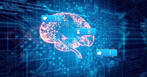 Glowing neon circuit brain pulsating in blue data grid, with social media icons Illustrazione stock