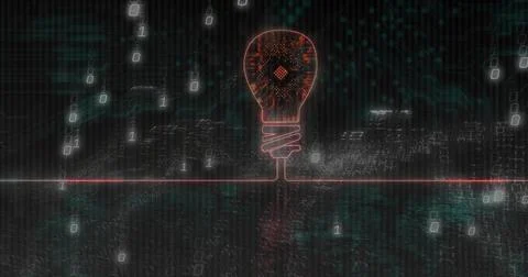 Glowing neon circuit bulb hovering within digital matrix, with microchip core Stockillustratie