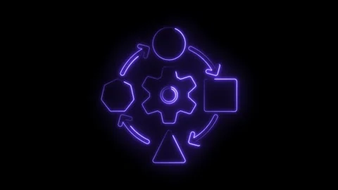 Glowing neon circular process animation with shapes and gear on dark backdrop Stock Footage 322957360
