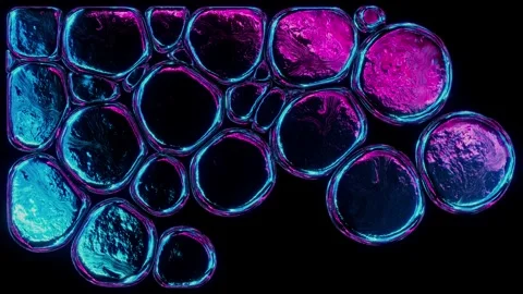 Glowing neon circular soft body shapes in pink and blue on black background Stock Footage 297460578