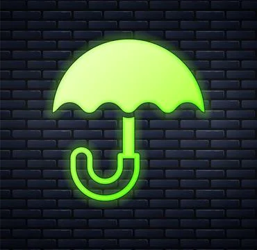 Glowing neon Classic elegant opened umbrella icon isolated on brick wall Stock Illustration