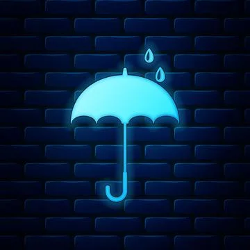 Glowing neon Classic elegant opened umbrella icon isolated on brick wall Illustrazione stock