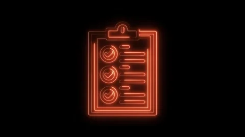 Glowing neon clipboard with check marks against black background for tasks and Stock Footage 322968586