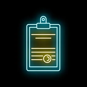 Glowing neon clipboard document icon representing contract and data Illustrazione stock