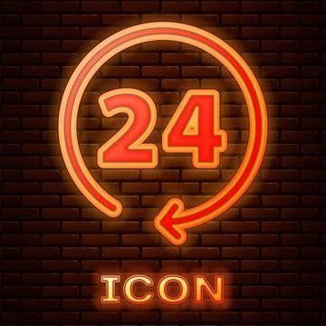 Glowing neon Clock 24 hours icon isolated on brick wall background. All day c Stock Illustration