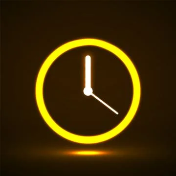 Glowing neon clock with arrow icon. Symbol illumination on dark backdrop Illustrazione stock