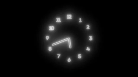 Glowing neon clock with blurred numbers on a black background animation Stock Footage 315002568
