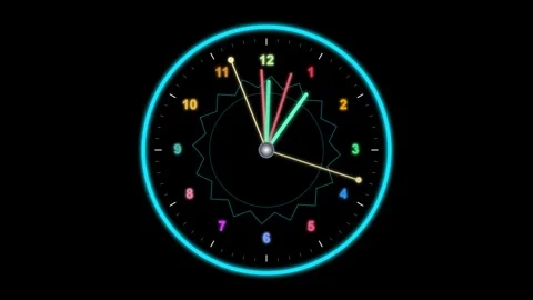 Glowing Neon Clock with Colorful Moving Hands on Black Background Stockbeeldmateriaal 348129953
