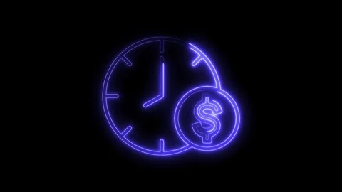 Glowing Neon Clock Dollar Icon Isolated Black Background Time Money Concept.. Stock Footage 315657769