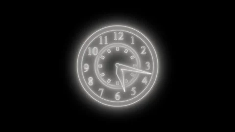 Glowing neon clock face outline with hour markers and three hands animation Stock Footage 337020738
