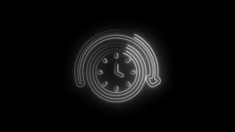 Glowing neon clock icon animation with swirling circular motion and time passing Stock Footage 333963974
