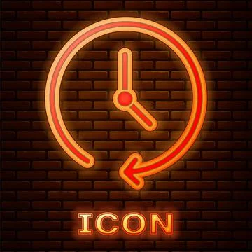 Glowing neon Clock icon isolated on brick wall background. Time symbol. Vector Illustrazione stock