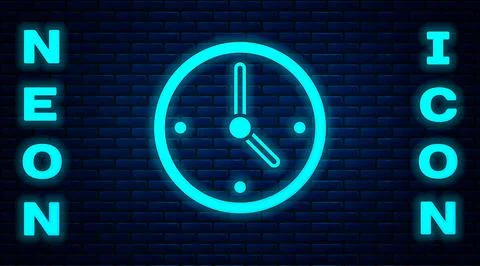 Glowing neon Clock icon isolated on brick wall background. Time symbol. Vector Stock Illustration