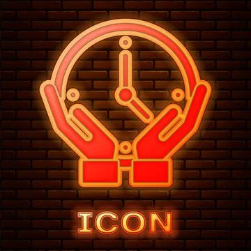 Glowing neon Clock icon isolated on brick wall background. Time symbol. Vector Stock Illustration