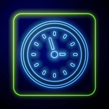 Glowing neon Clock icon isolated on blue background. Time symbol. Vector Illustrazione stock