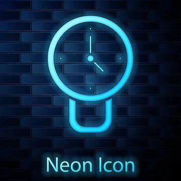 Glowing neon Clock icon isolated on brick wall background. Time symbol. Vector Stock Illustration