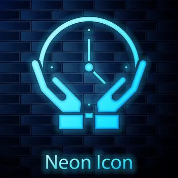 Glowing neon Clock icon isolated on brick wall background. Time symbol. Vector Illustrazione stock