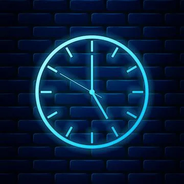 Glowing neon Clock icon isolated on brick wall background. Time symbol. Vector Illustrazione stock