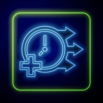 Glowing neon Clock icon isolated on blue background. Time symbol. Vector 스톡 일러스트