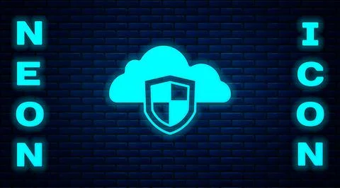 Glowing neon Cloud and shield icon isolated on brick wall background. Cloud Stock Illustration