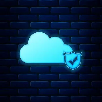 Glowing neon Cloud and shield with check mark icon isolated on brick wall Illustrazione stock