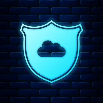 Glowing neon Cloud and shield icon isolated on brick wall background. Cloud Illustrazione stock