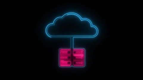 Glowing neon cloud computing and data server connection on a black background Stock Footage 333299663