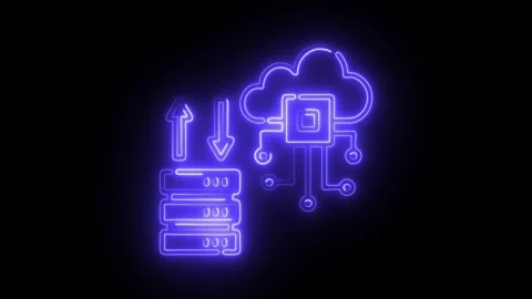 Glowing neon cloud computing data transfer server icon with upload download.. Stock Footage 314712826