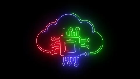 Glowing Neon Cloud Computing Icon with a CPU for Data Storage, Server Hosting, a Stock Footage 317688462