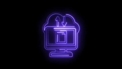 Glowing neon cloud computing icon with upload download arrows and computer Stock Footage 333956387