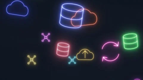 Glowing neon cloud computing icons with data storage cylinders, upload arrows Stock Footage 347663126