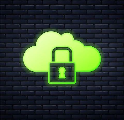 Glowing neon Cloud computing lock icon isolated on brick wall background Stock Illustration