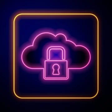 Glowing neon Cloud computing lock icon isolated on black background. Security 스톡 일러스트